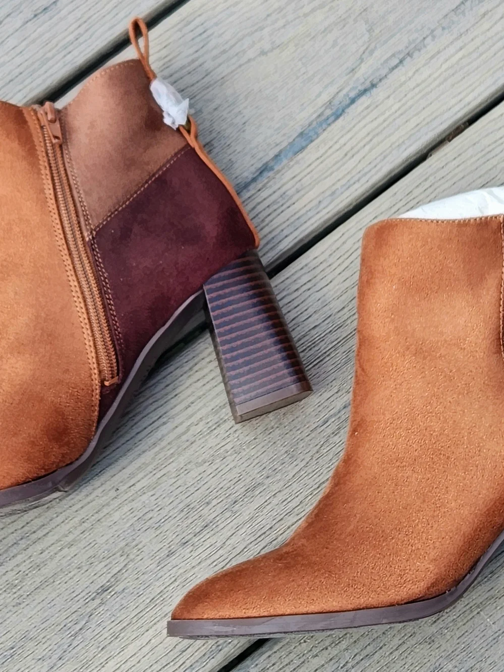 Life Stride Two-Tone Tan and Dark Brown Suede Block Heel Ankle Boots